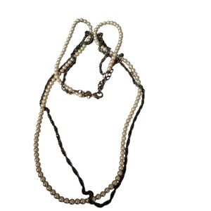 Chicos Two Strand Long Necklace Silvery Gray Faux Pearls & Faux Silver Metallic